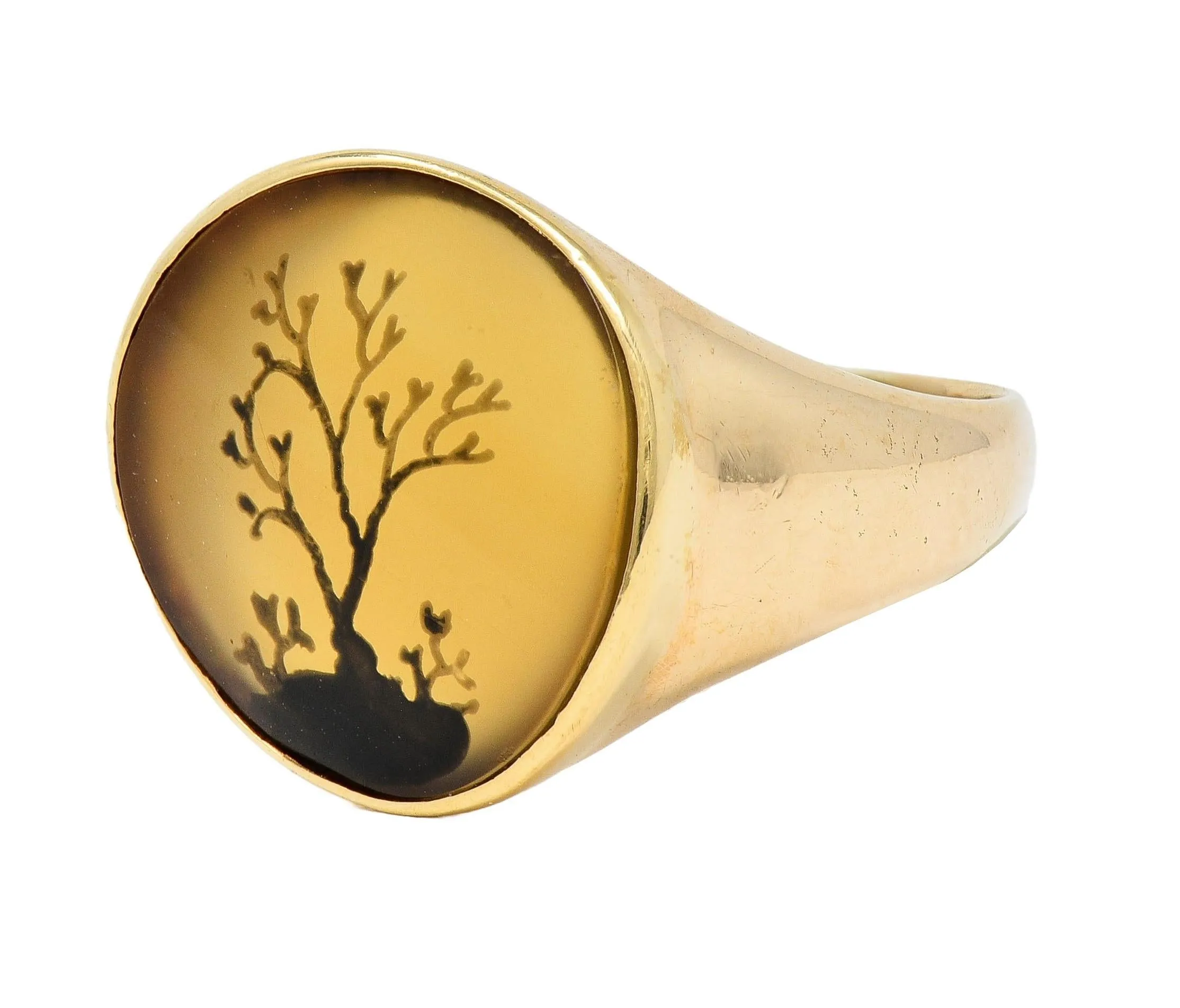 Victorian Dendritic Agate 10 Karat Yellow Gold Antique Tree Of Life Unisex Signet Ring