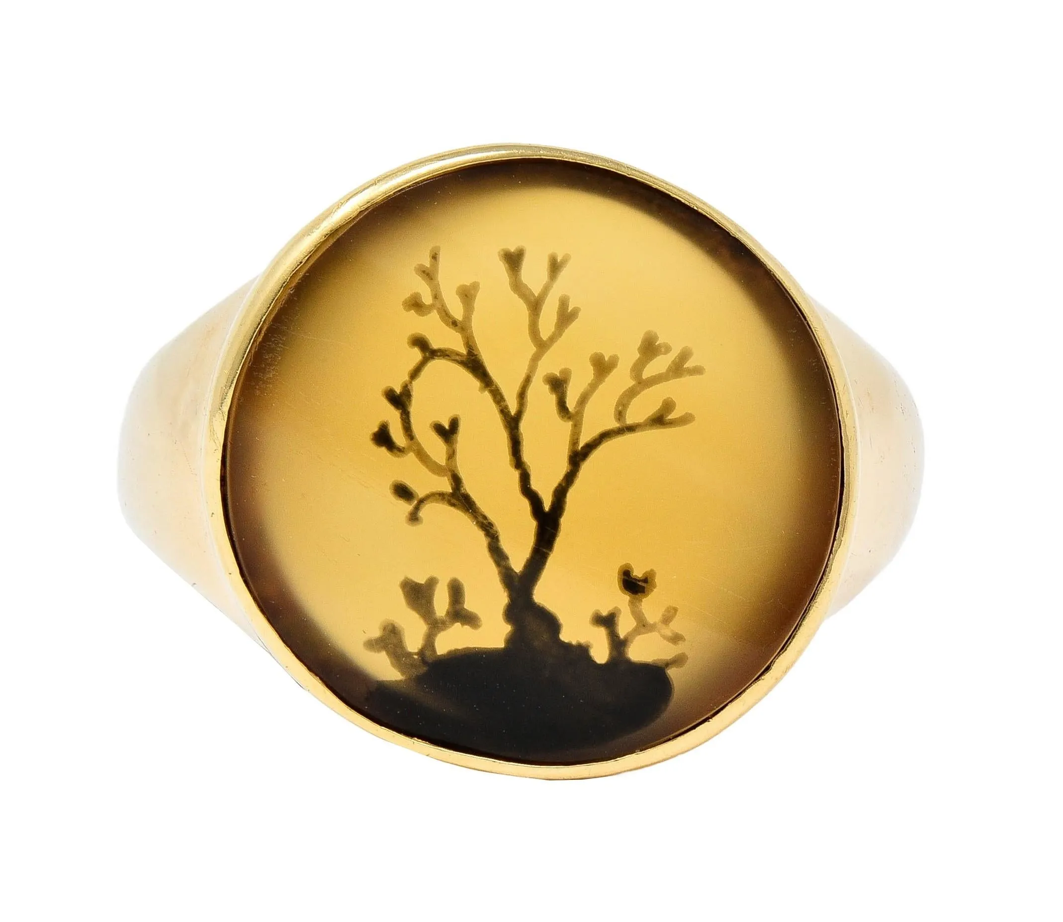 Victorian Dendritic Agate 10 Karat Yellow Gold Antique Tree Of Life Unisex Signet Ring