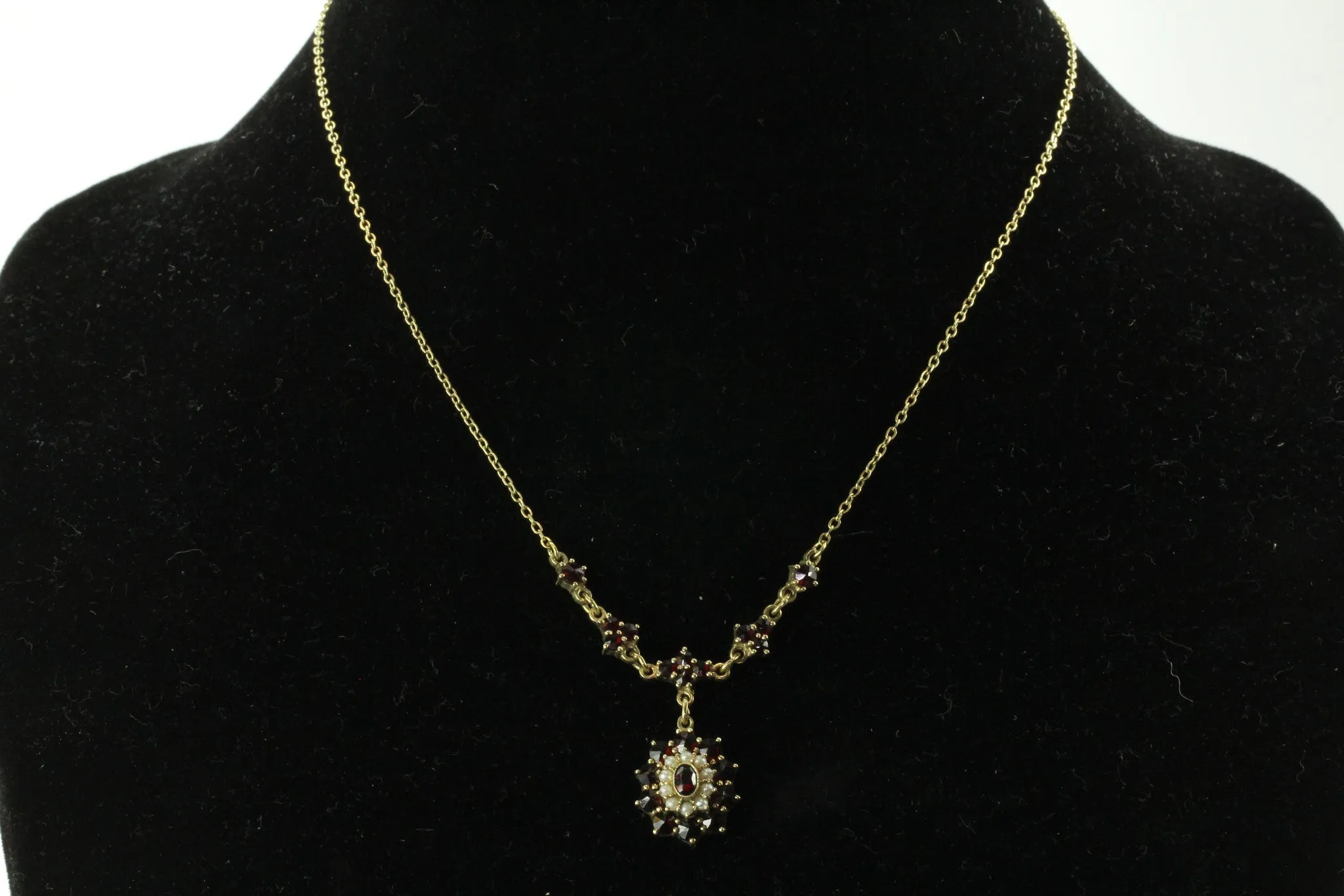Vintage Czechoslovakia Sterling Silver Bohemian Garnet & Pearl Necklace