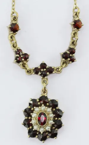 Vintage Czechoslovakia Sterling Silver Bohemian Garnet & Pearl Necklace