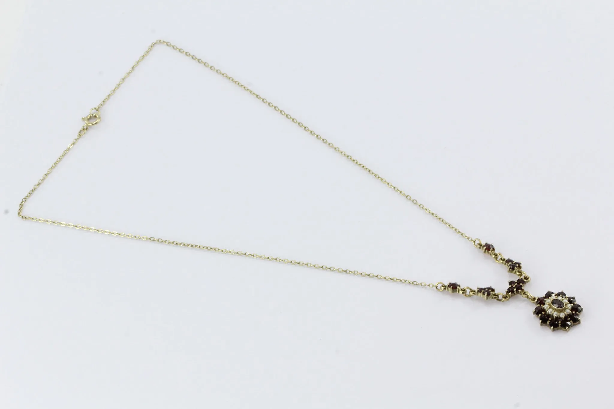 Vintage Czechoslovakia Sterling Silver Bohemian Garnet & Pearl Necklace