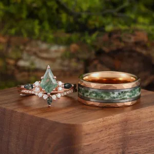Vintage Kite Cut Moss Agate  His and Hers Tungsten Wedding Band 925 Silver Matching Nature Couple Ring
