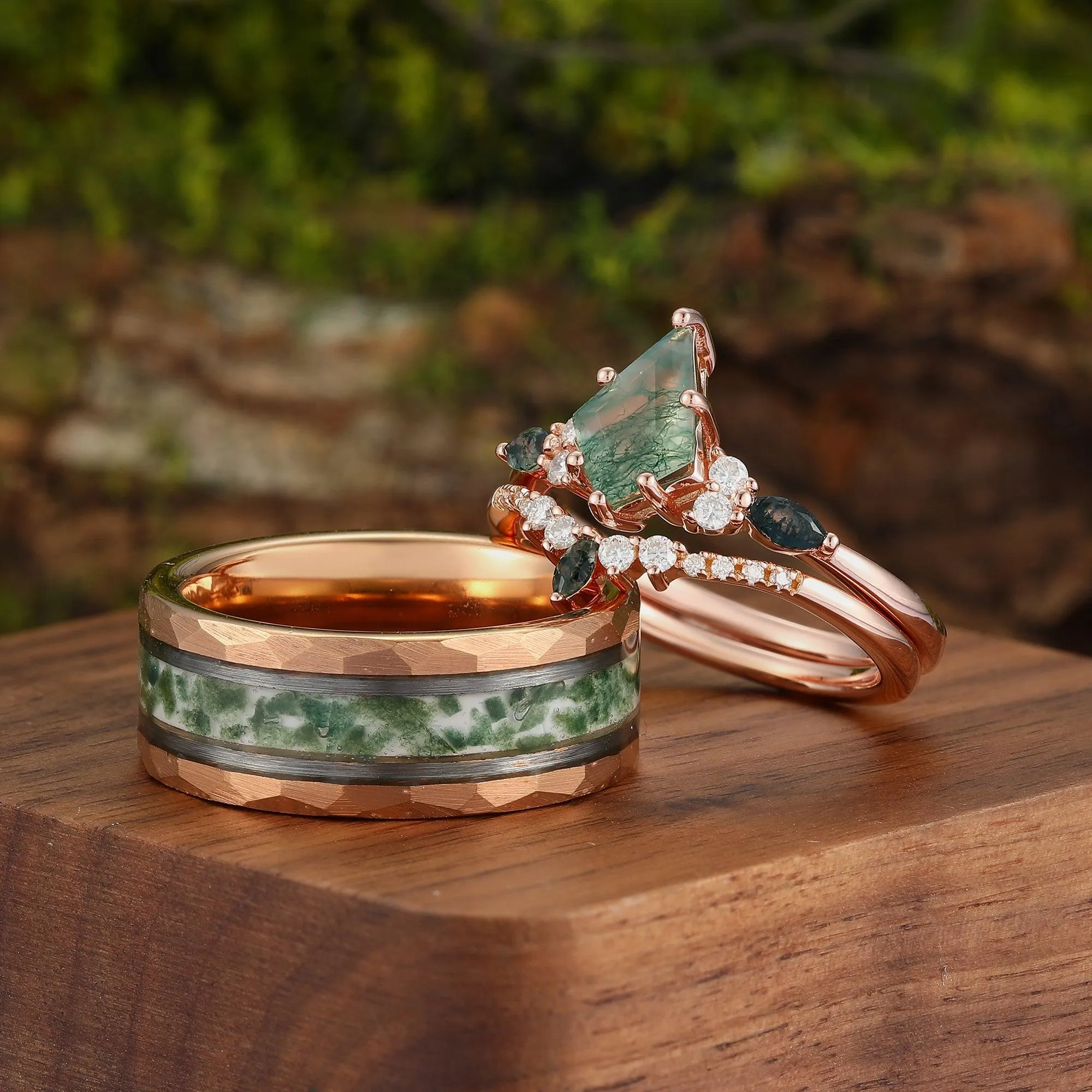 Vintage Kite Cut Moss Agate  His and Hers Tungsten Wedding Band 925 Silver Matching Nature Couple Ring