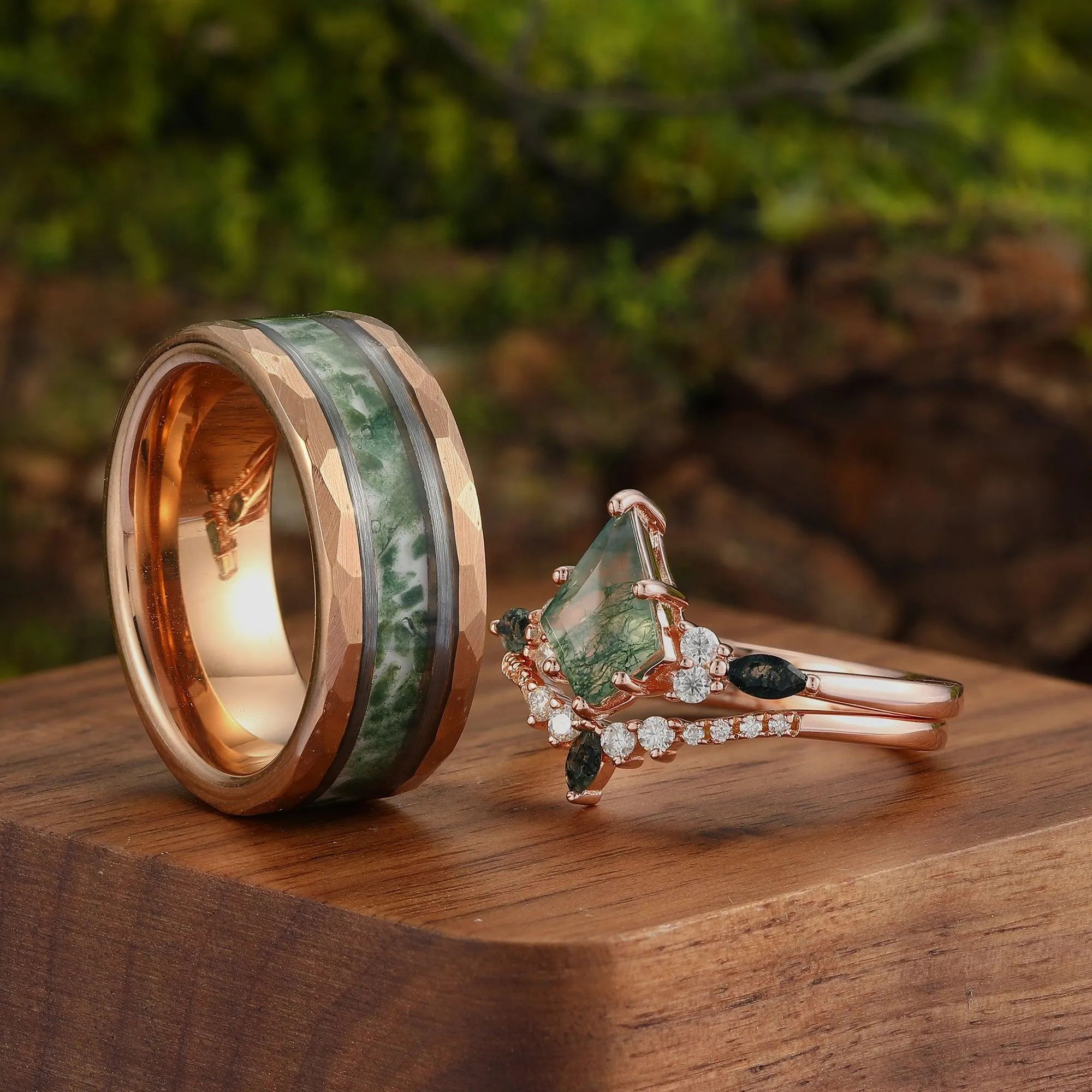 Vintage Kite Cut Moss Agate  His and Hers Tungsten Wedding Band 925 Silver Matching Nature Couple Ring
