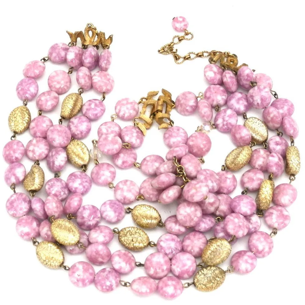 Vintage Kramer 4 Strand Demi Parure Cool Pink & Gold 1950s Lovely