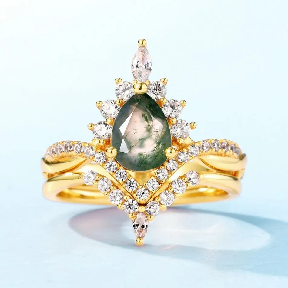 Vintage Pear cut Natural Moss Agate Wedding Ring