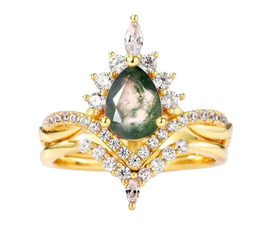 Vintage Pear cut Natural Moss Agate Wedding Ring