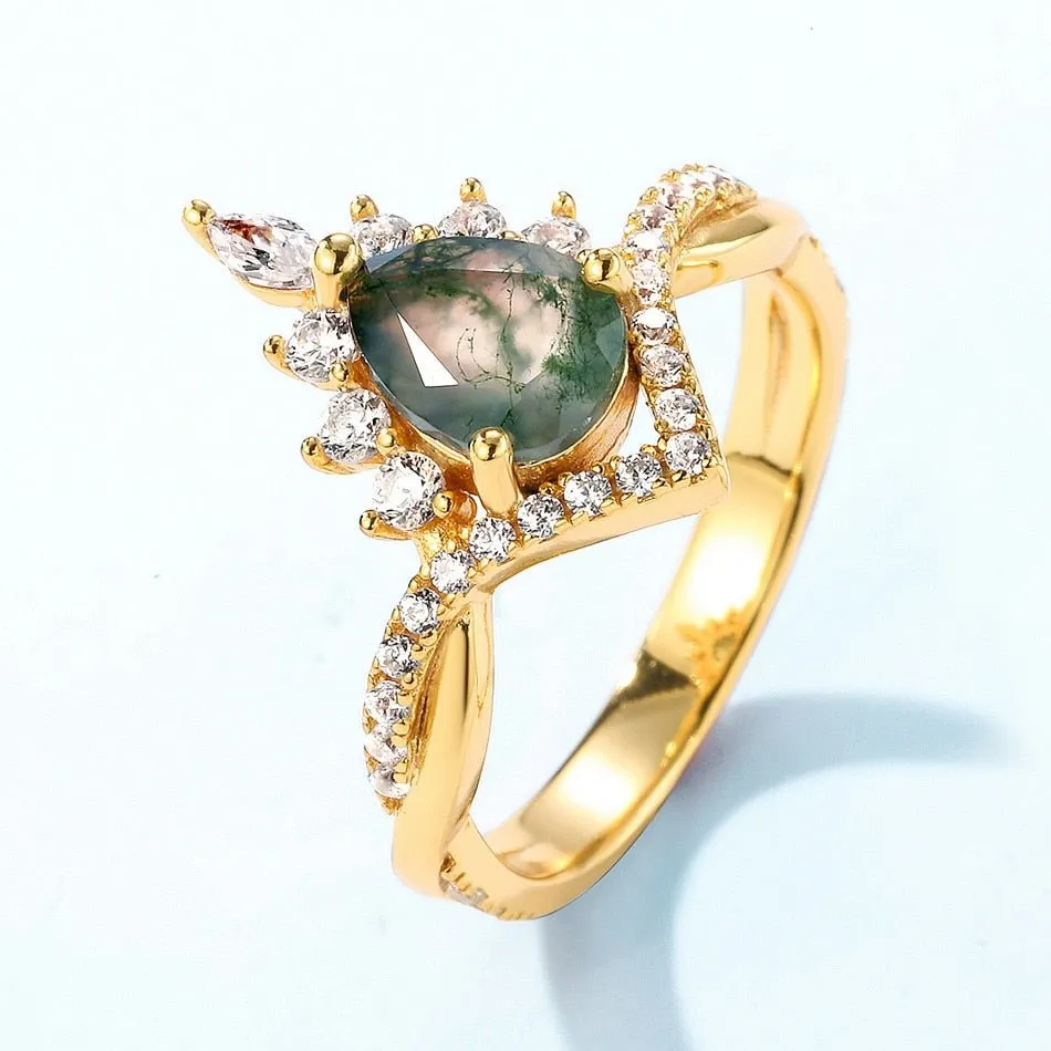Vintage Pear cut Natural Moss Agate Wedding Ring