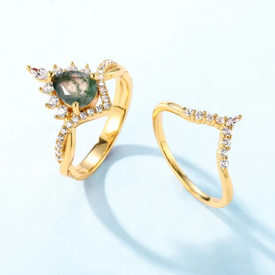 Vintage Pear cut Natural Moss Agate Wedding Ring
