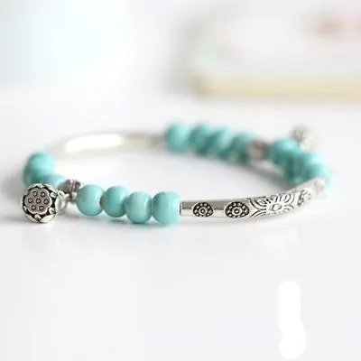 Vintage Retro Silver Bracelet Genuine Ceramic Women's Hand Made Jewelry