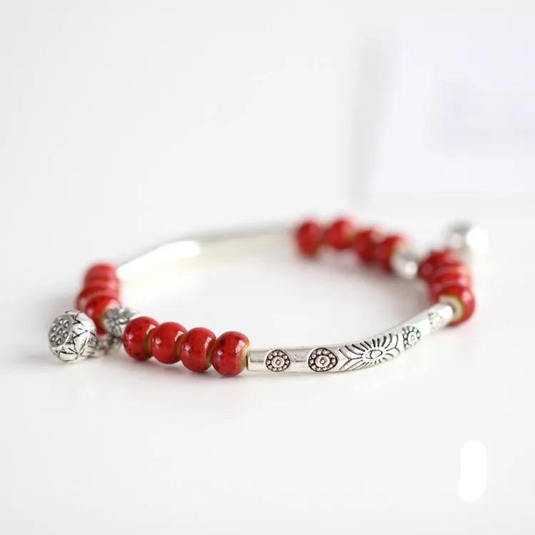 Vintage Retro Silver Bracelet Genuine Ceramic Women's Hand Made Jewelry