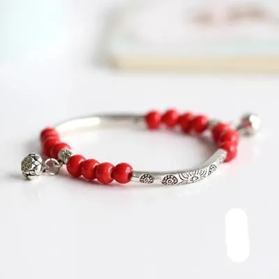 Vintage Retro Silver Bracelet Genuine Ceramic Women's Hand Made Jewelry