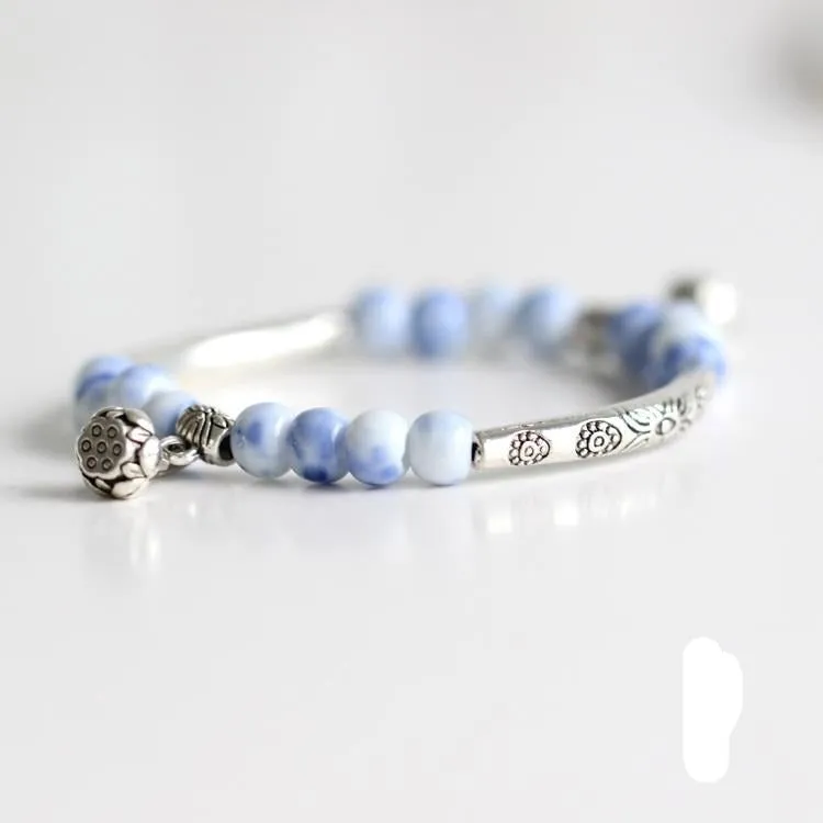 Vintage Retro Silver Bracelet Genuine Ceramic Women's Hand Made Jewelry