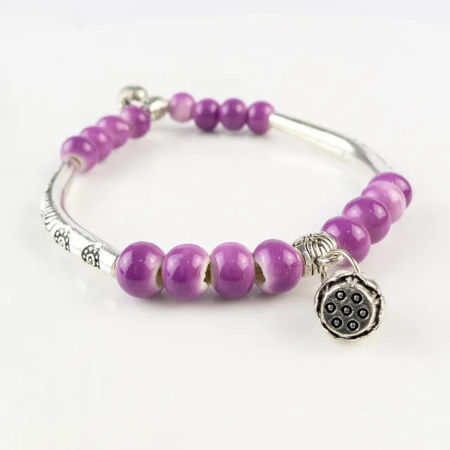 Vintage Retro Silver Bracelet Genuine Ceramic Women's Hand Made Jewelry