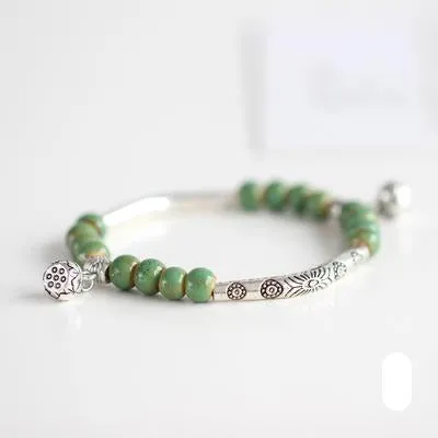 Vintage Retro Silver Bracelet Genuine Ceramic Women's Hand Made Jewelry