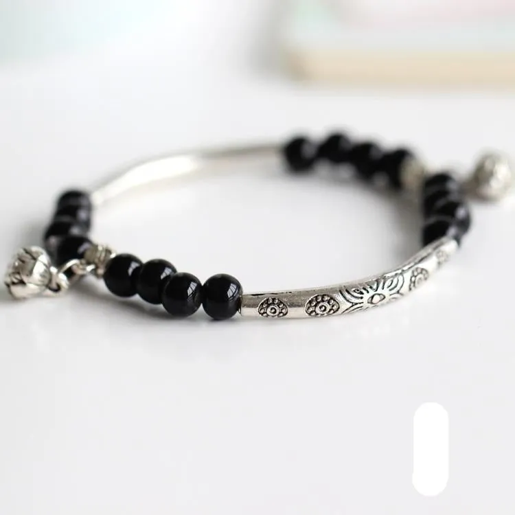 Vintage Retro Silver Bracelet Genuine Ceramic Women's Hand Made Jewelry