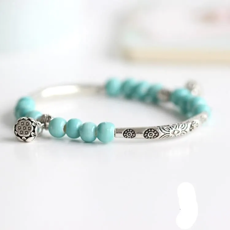 Vintage Retro Silver Bracelet Genuine Ceramic Women's Hand Made Jewelry