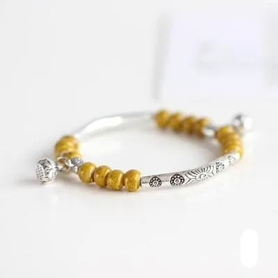 Vintage Retro Silver Bracelet Genuine Ceramic Women's Hand Made Jewelry