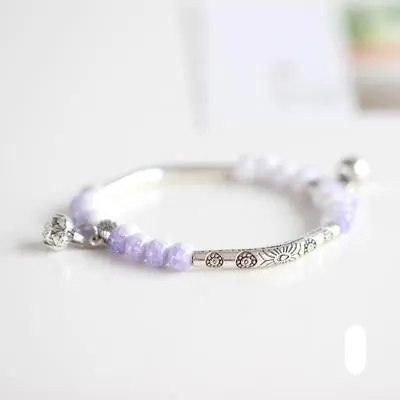 Vintage Retro Silver Bracelet Genuine Ceramic Women's Hand Made Jewelry