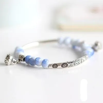 Vintage Retro Silver Bracelet Genuine Ceramic Women's Hand Made Jewelry