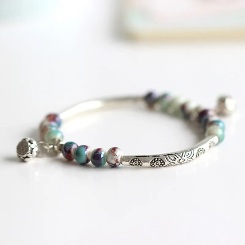 Vintage Retro Silver Bracelet Genuine Ceramic Women's Hand Made Jewelry