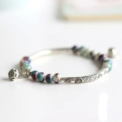 Vintage Retro Silver Bracelet Genuine Ceramic Women's Hand Made Jewelry