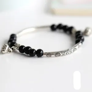 Vintage Retro Silver Bracelet Genuine Ceramic Women's Hand Made Jewelry