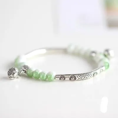 Vintage Retro Silver Bracelet Genuine Ceramic Women's Hand Made Jewelry