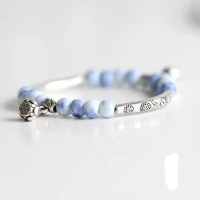 Vintage Retro Silver Bracelet Genuine Ceramic Women's Hand Made Jewelry