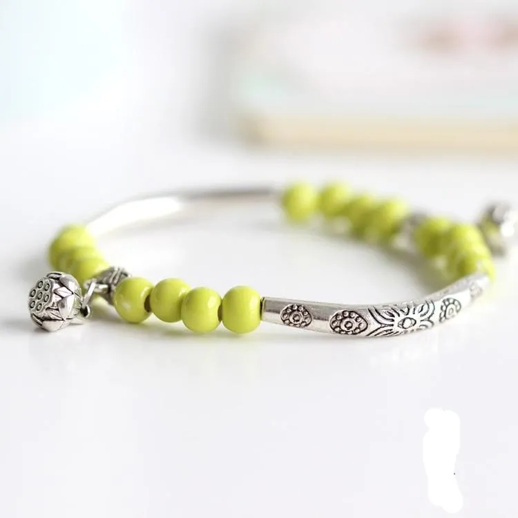 Vintage Retro Silver Bracelet Genuine Ceramic Women's Hand Made Jewelry