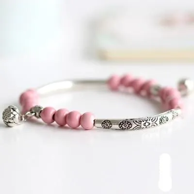 Vintage Retro Silver Bracelet Genuine Ceramic Women's Hand Made Jewelry