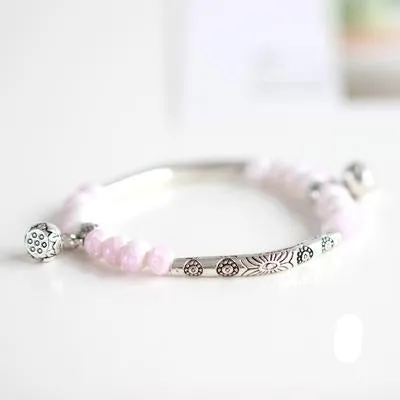 Vintage Retro Silver Bracelet Genuine Ceramic Women's Hand Made Jewelry