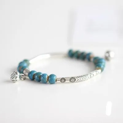 Vintage Retro Silver Bracelet Genuine Ceramic Women's Hand Made Jewelry