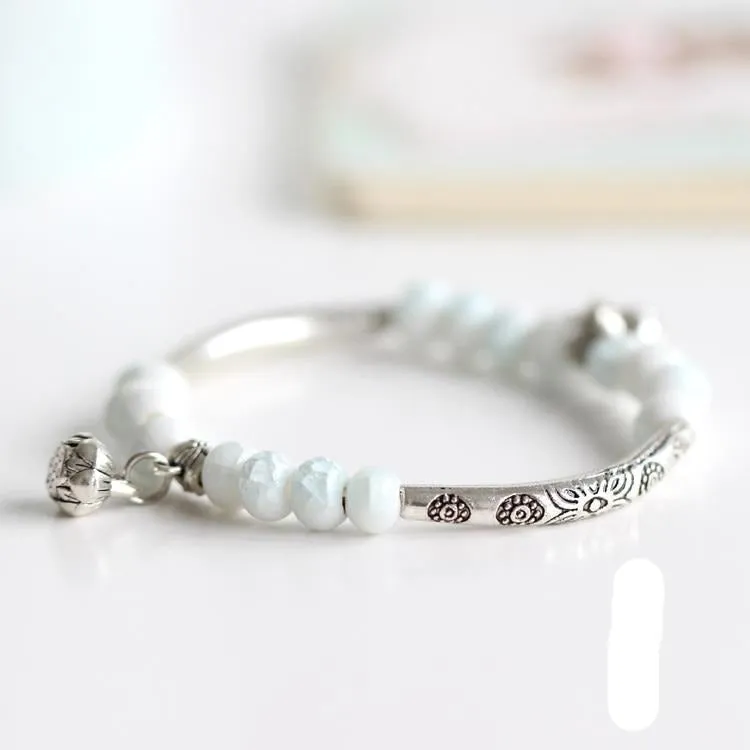 Vintage Retro Silver Bracelet Genuine Ceramic Women's Hand Made Jewelry