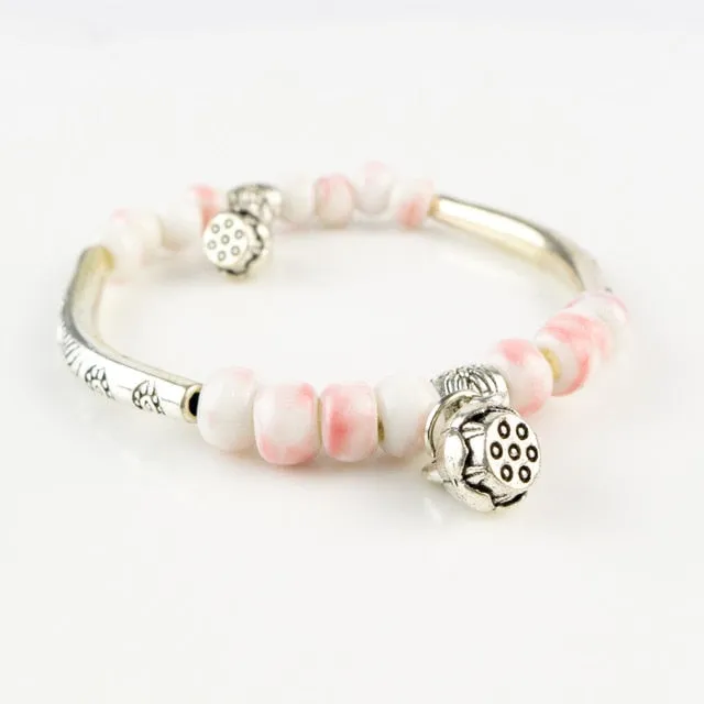 Vintage Retro Silver Bracelet Genuine Ceramic Women's Hand Made Jewelry