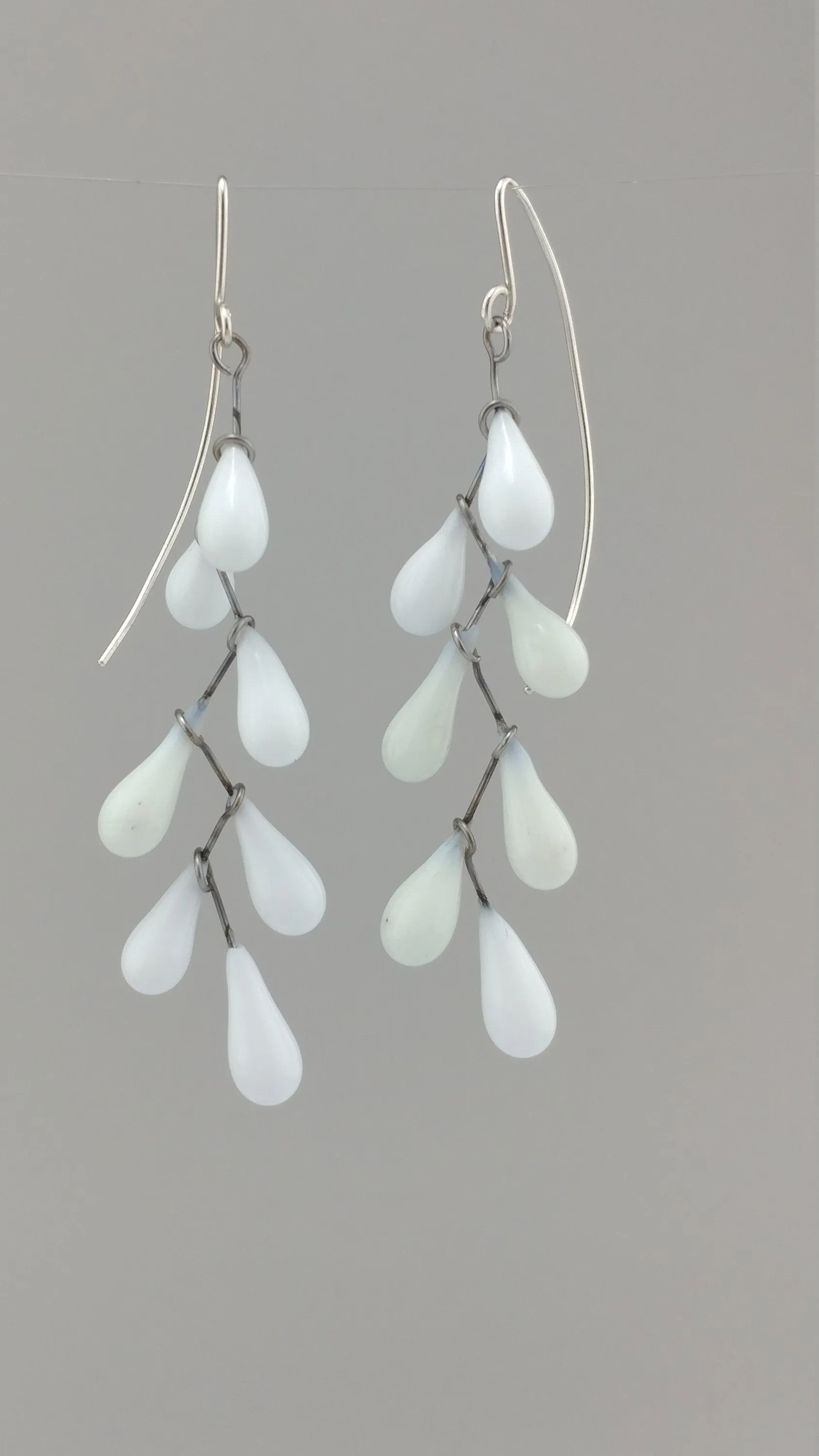 White glass chandelier earrings, white droplet chandelier, kinetic earrings, statement earrings