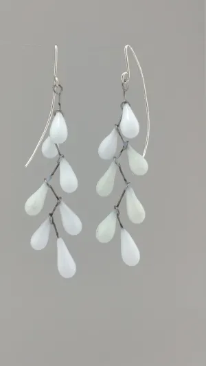 White glass chandelier earrings, white droplet chandelier, kinetic earrings, statement earrings