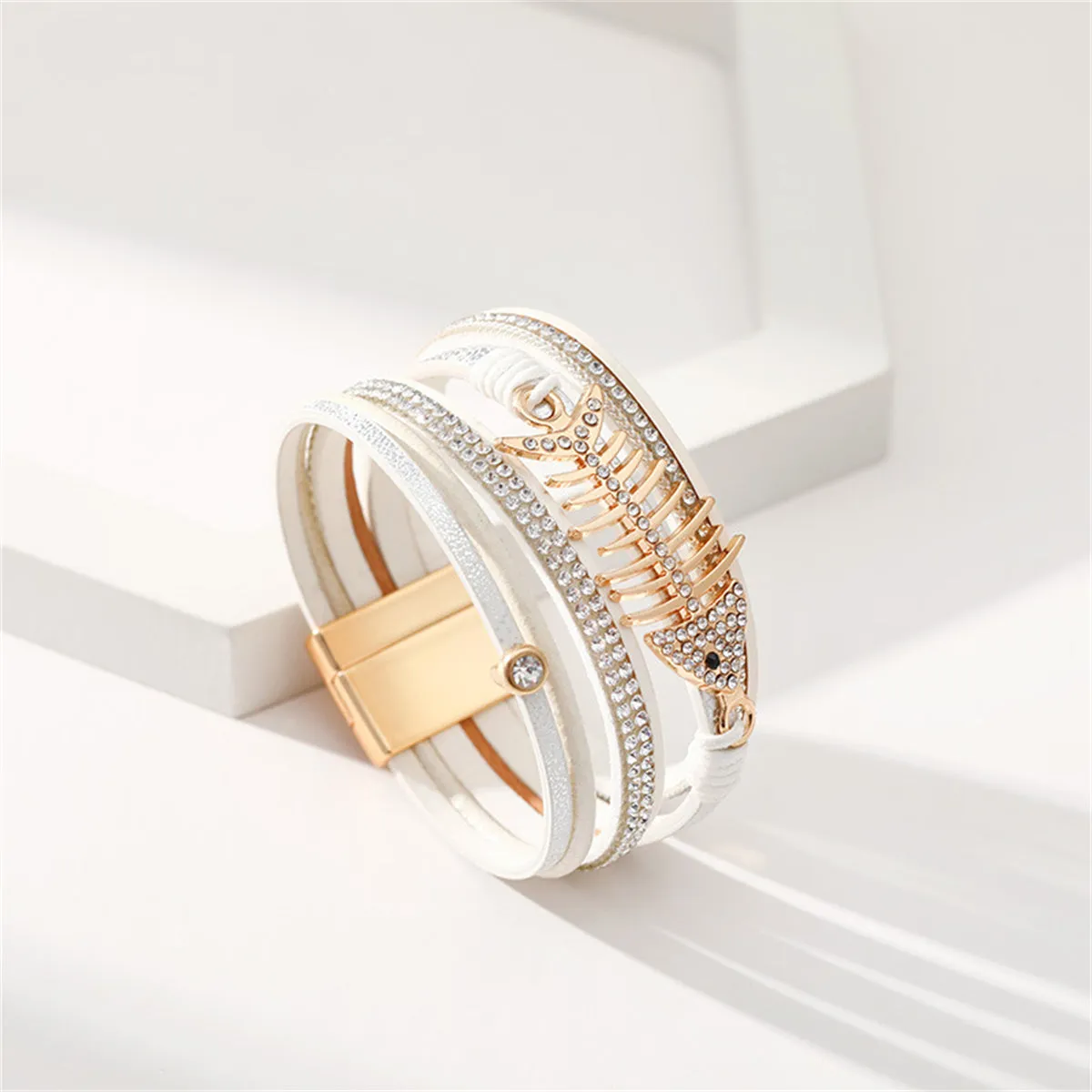 White Polystyrene & Cubic Zirconia Fishbone Layered Bracelet