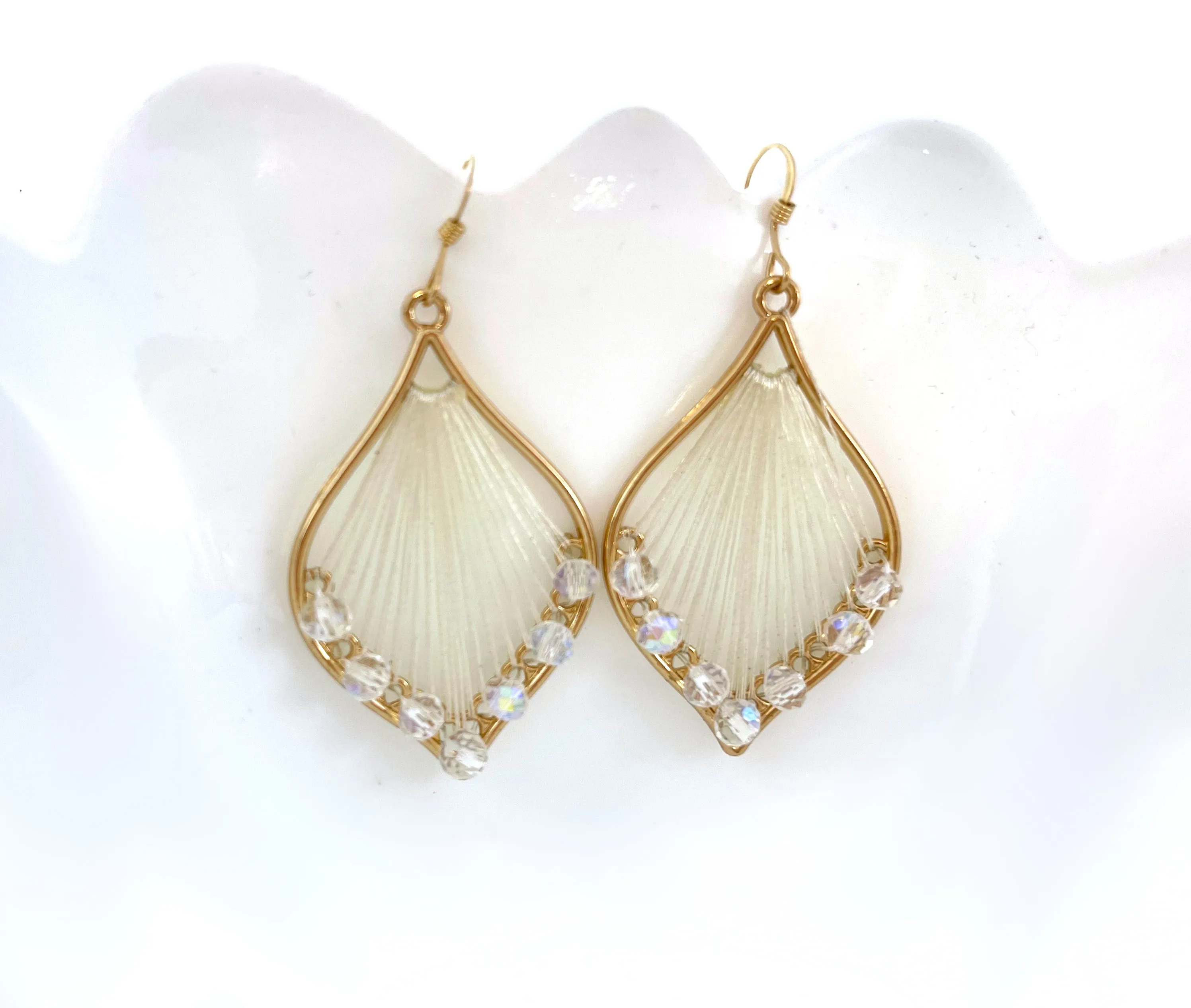 White Woven Thread and Crystal Beaded Earrings