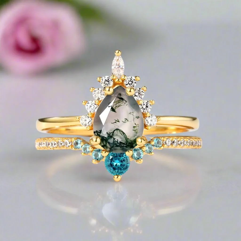 Yellow Gold Pear-cut Natural Moss Agate Vintage Inspired Wedding Rings