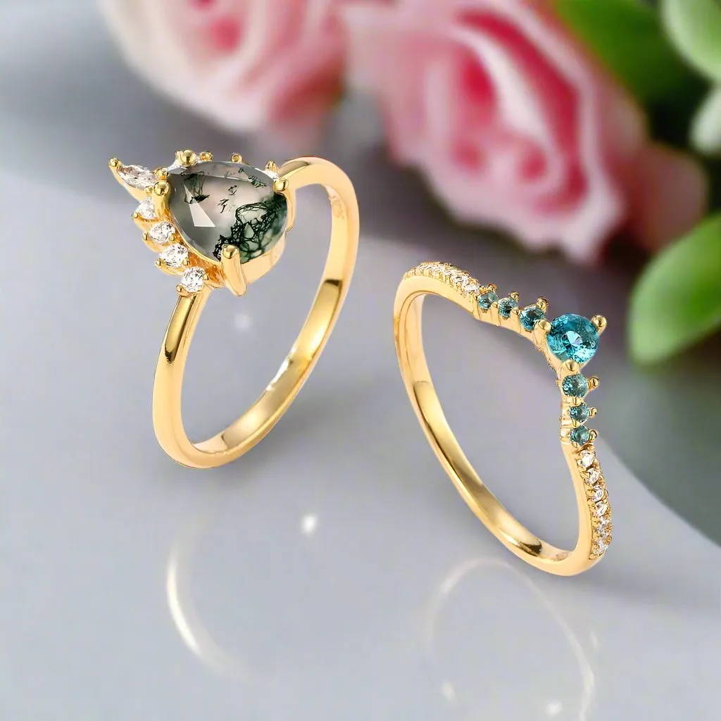 Yellow Gold Pear-cut Natural Moss Agate Vintage Inspired Wedding Rings