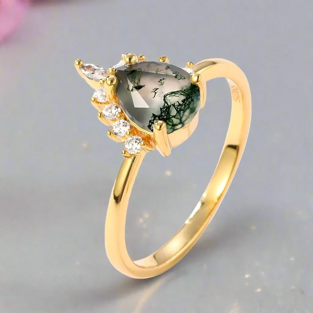 Yellow Gold Pear-cut Natural Moss Agate Vintage Inspired Wedding Rings
