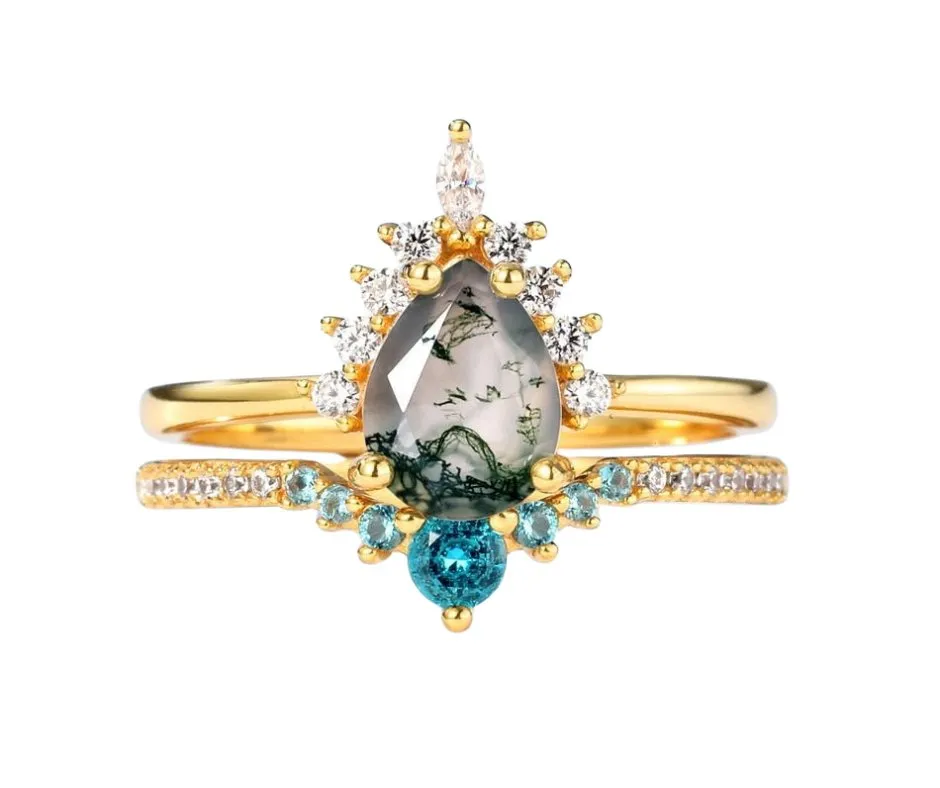 Yellow Gold Pear-cut Natural Moss Agate Vintage Inspired Wedding Rings