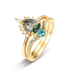 Yellow Gold Pear-cut Natural Moss Agate Vintage Inspired Wedding Rings