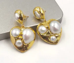 Yellow Gold Plated Statement Pearl Heart Earrings 220-10 | Erika Williner Designs
