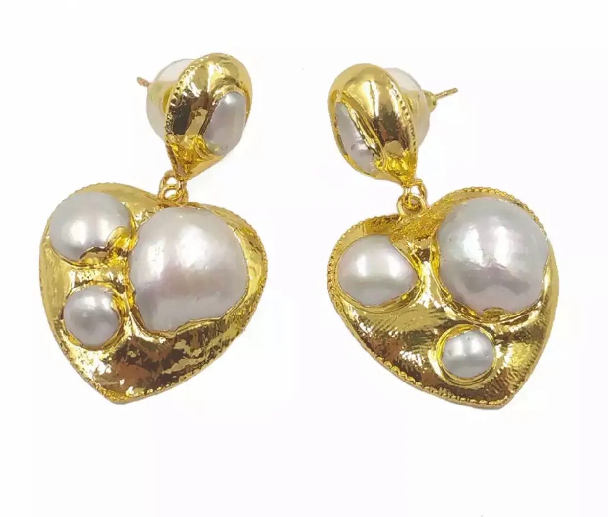 Yellow Gold Plated Statement Pearl Heart Earrings 220-10 | Erika Williner Designs