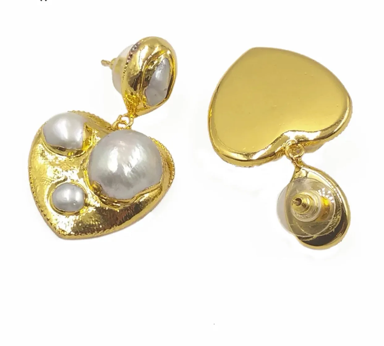 Yellow Gold Plated Statement Pearl Heart Earrings 220-10 | Erika Williner Designs