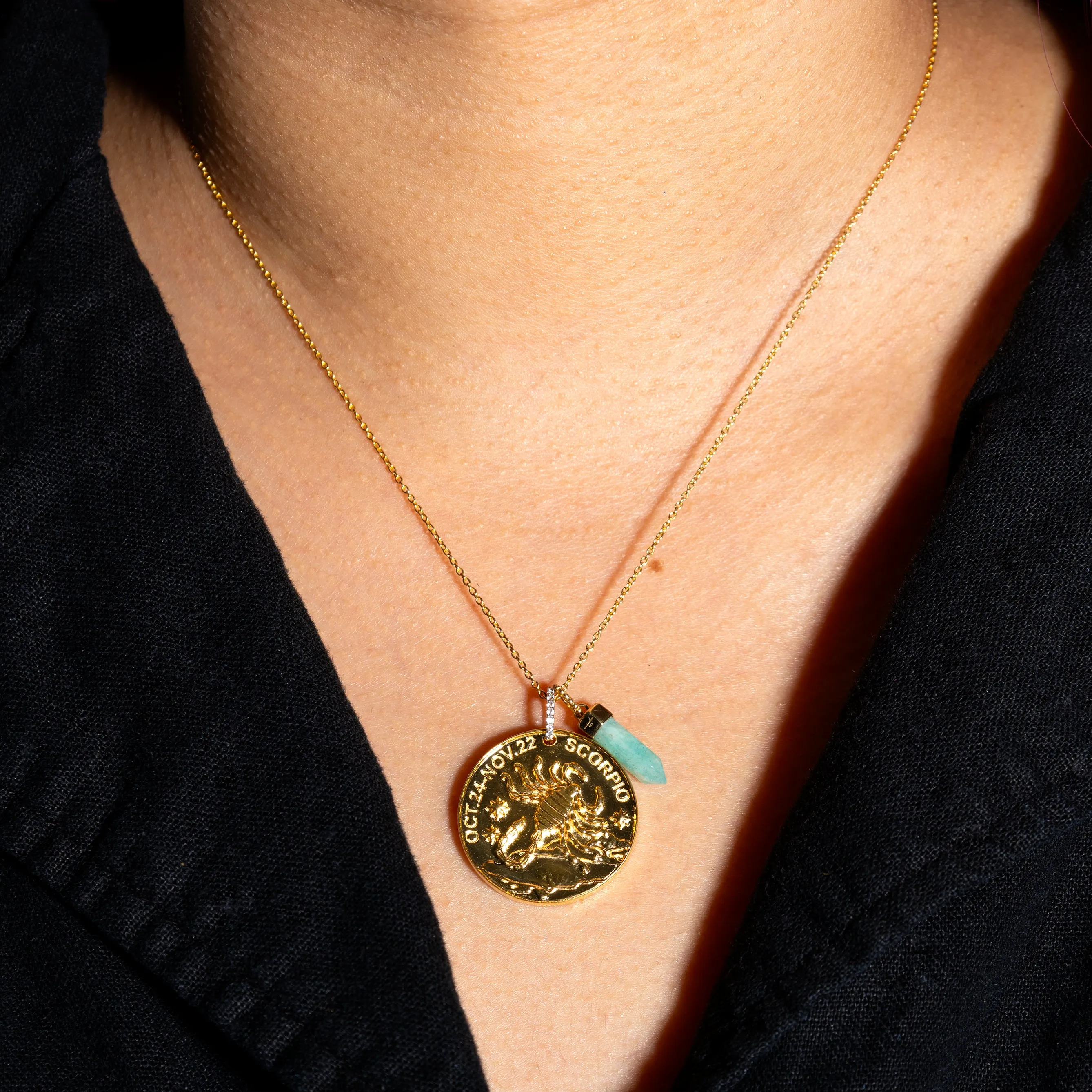 Zodiac Coin and Crystal Charm Necklace Gift Set